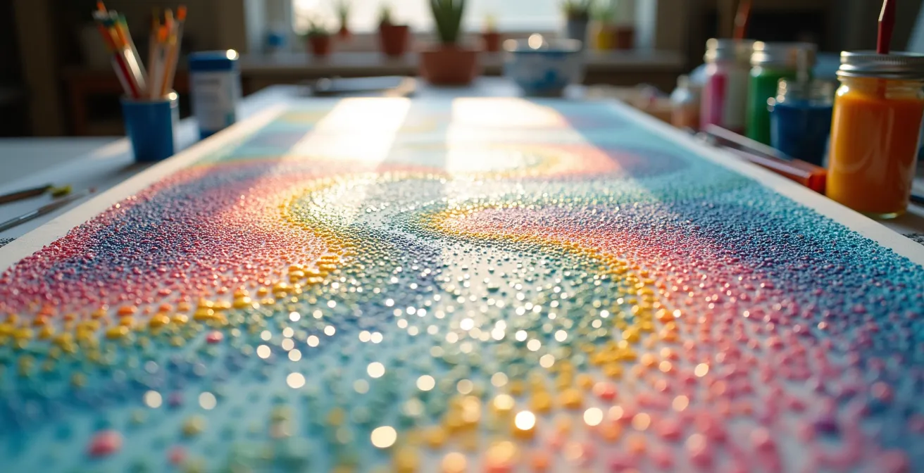 Extreme close-up showing the domed, three-dimensional surface of dried acrylic paint dots