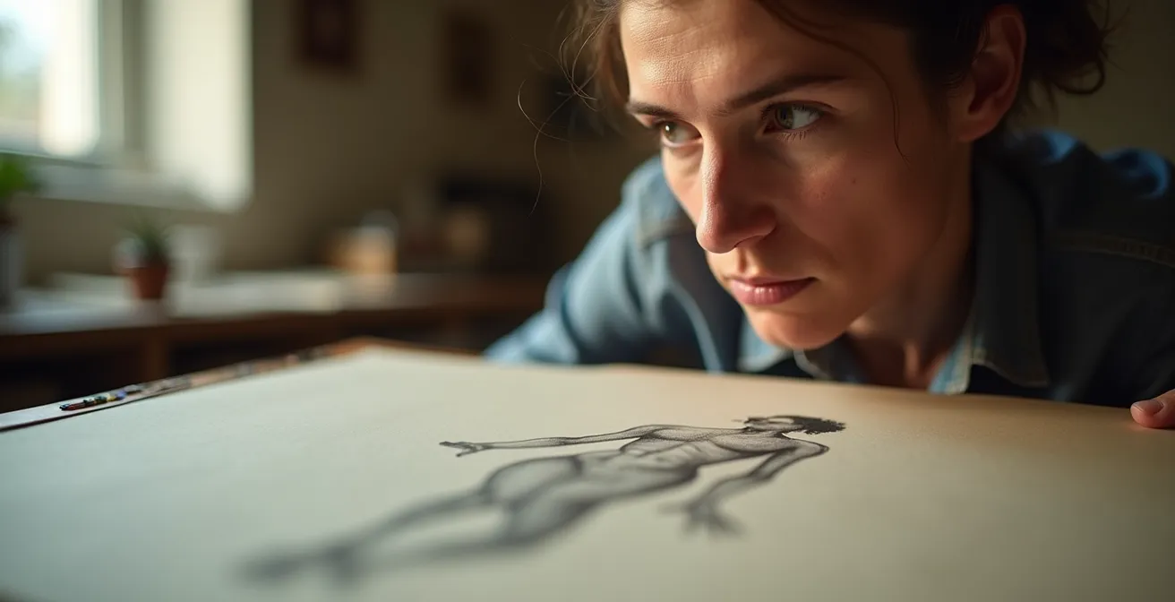 Classical figure drawing showing gravity line analysis and anatomical proportions