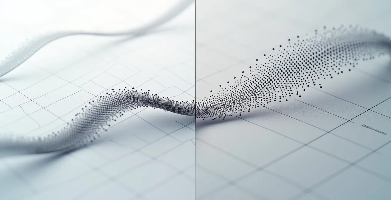 Macro view of vector path handles and anchor points being simplified, showing before and after states