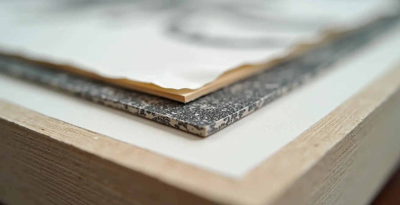 Close-up detail of archival framing materials protecting classical drawing on cotton rag paper