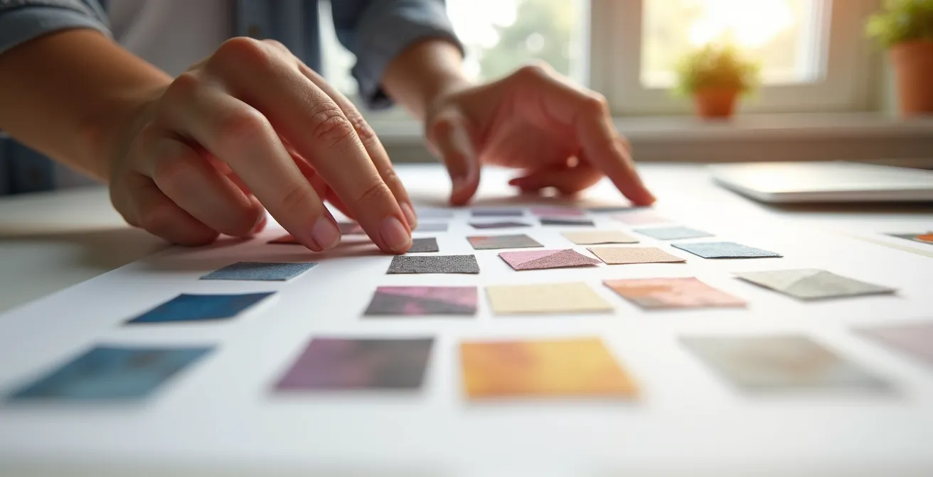 Close-up of hands organizing art prints on minimalist desk with color swatches