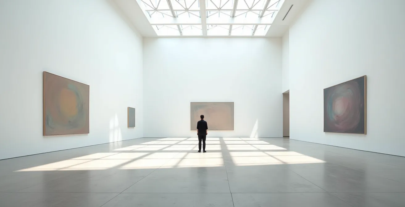 Wide shot of modern gallery space with art collector examining paintings