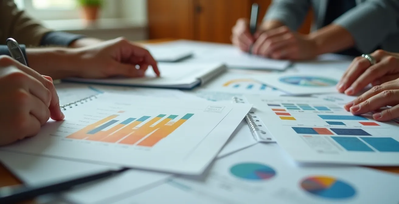 Close-up of hands analyzing artist portfolio documents on a modern desk with strategic lighting