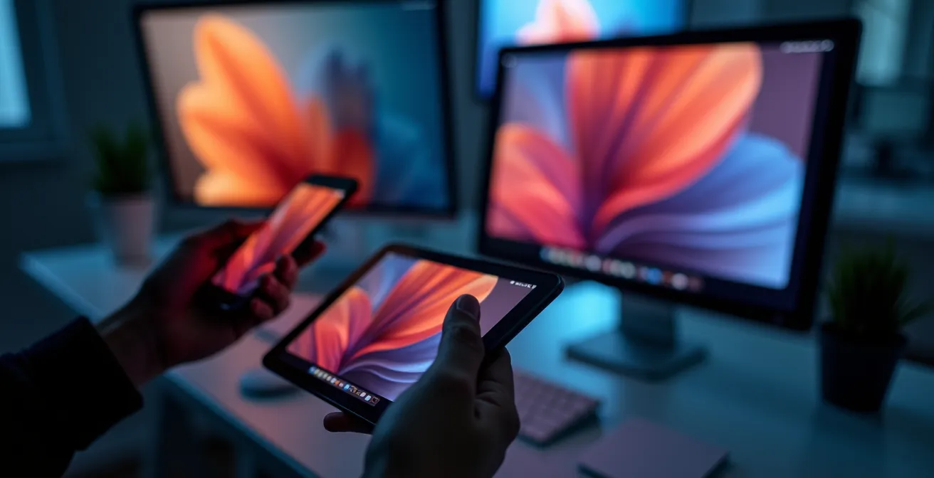 Artist comparing artwork colors across different digital devices