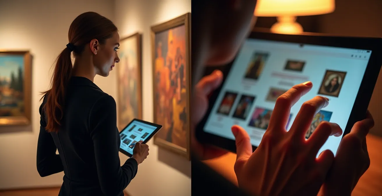 Split view of art discovery methods showing gallery scout at graduate show versus digital platform interface