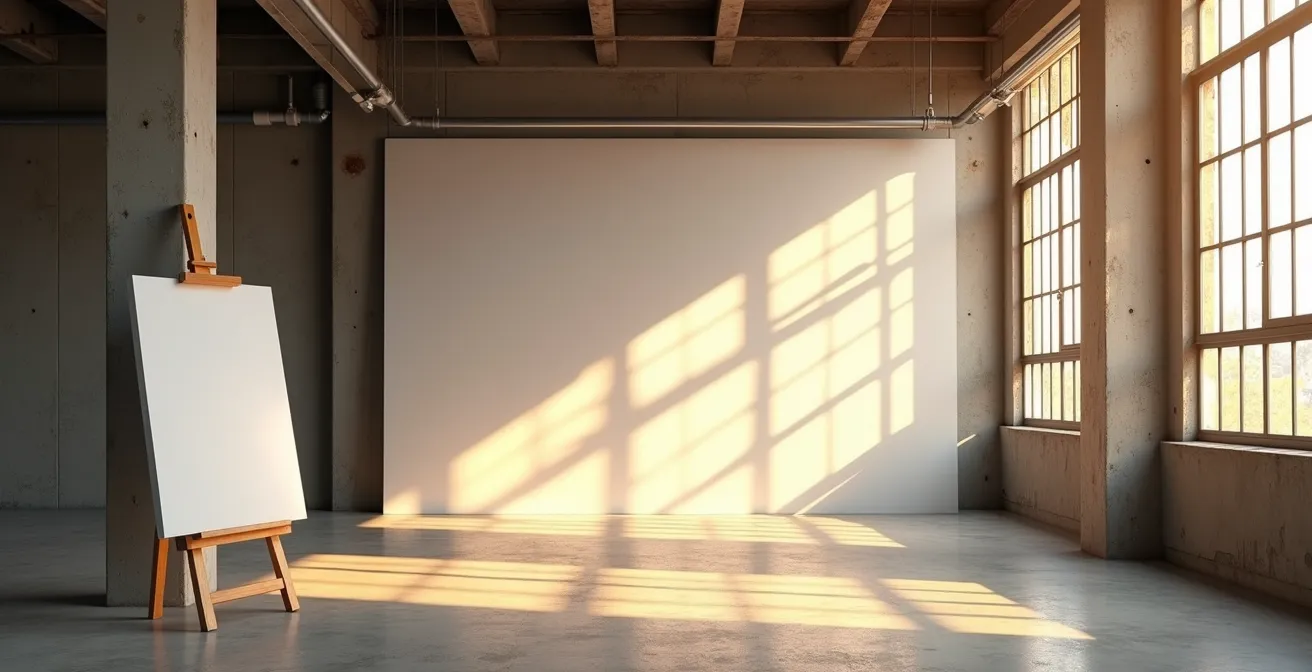 Minimalist wide shot of empty artist studio in morning light suggesting creative potential