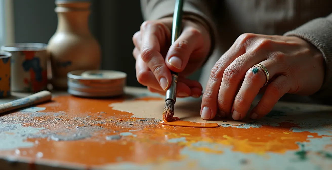 Extreme close-up of artist's hands demonstrating classical painting technique