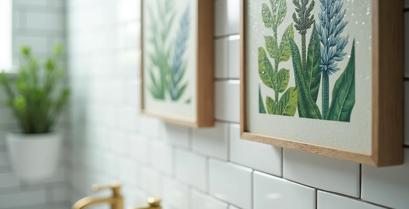 Spa-like bathroom featuring humidity-resistant botanical art and ceramic elements