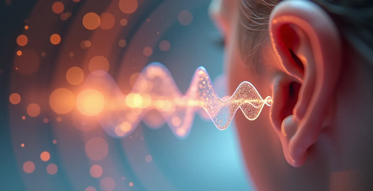 Person experiencing three-dimensional sound waves in an immersive environment, highlighting the power of binaural audio.