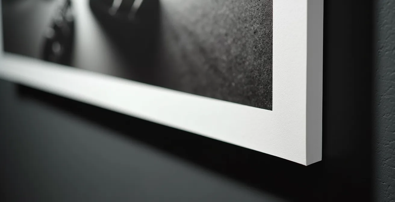 Close-up of high-contrast artwork with white matting on dark wall showing lighting techniques