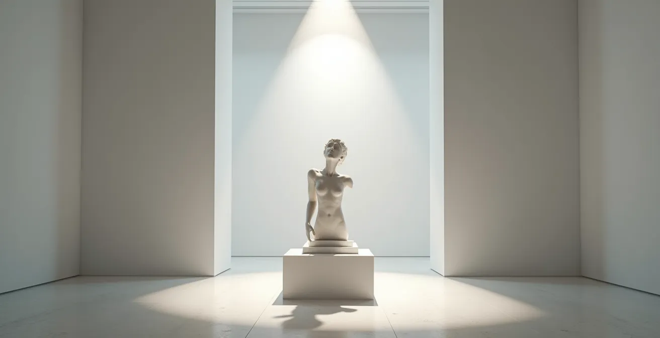 Digital sculpture illuminated with dramatic museum-style lighting