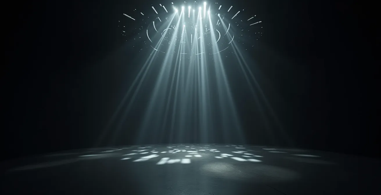 Multiple light beams and sound waves creating directional patterns in a spherical space, symbolizing the choreography of attention.