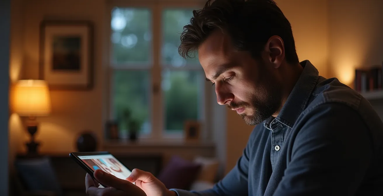 Collector accessing exclusive private viewing room on tablet