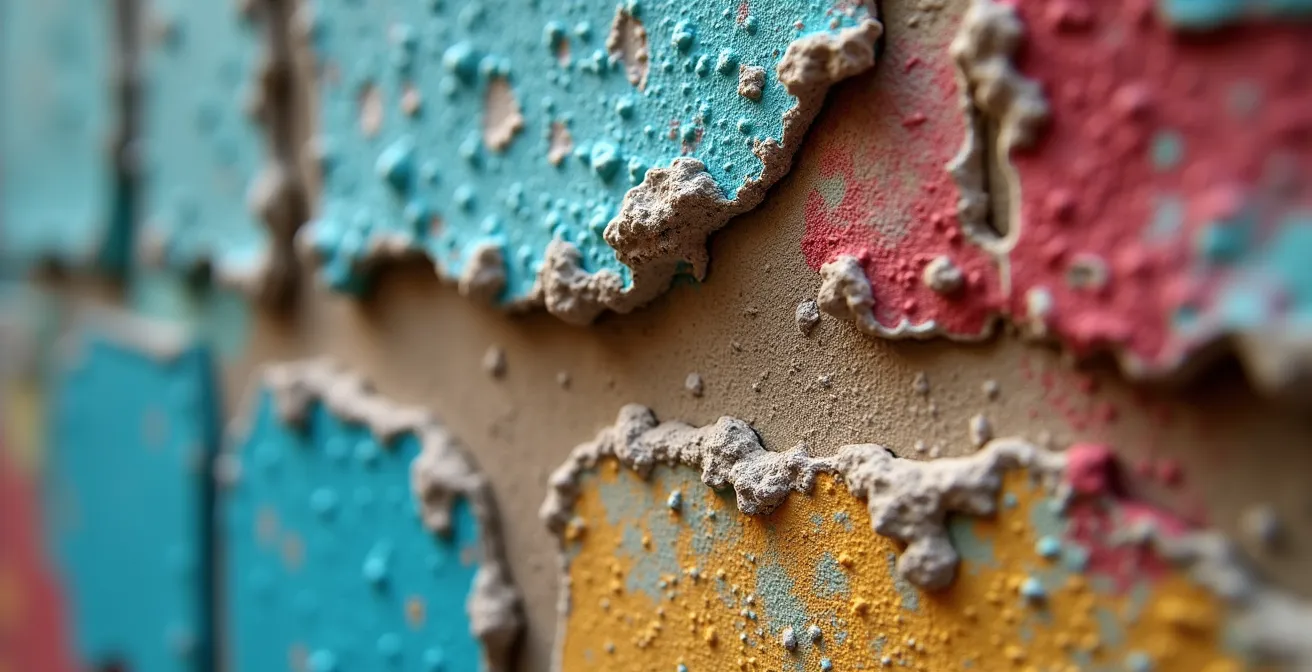A close-up macro shot of a weathered wall, revealing multiple generations and layers of street art history.