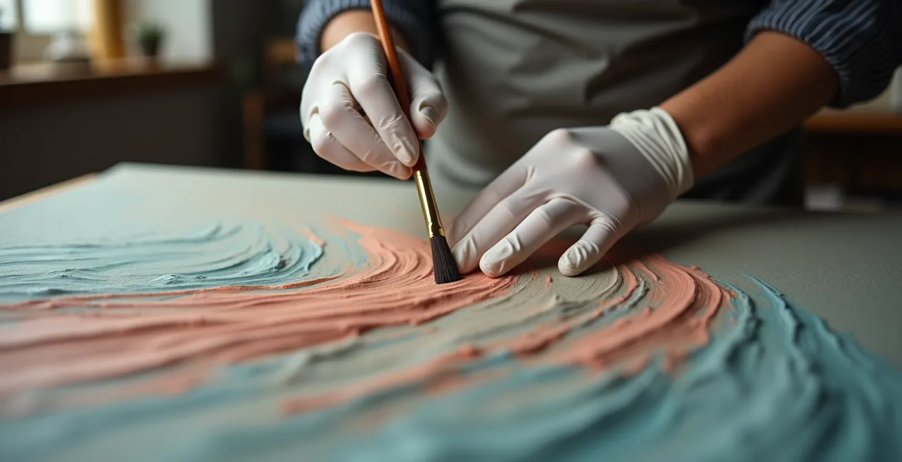 Art conservator using specialized brush on textured painting surface