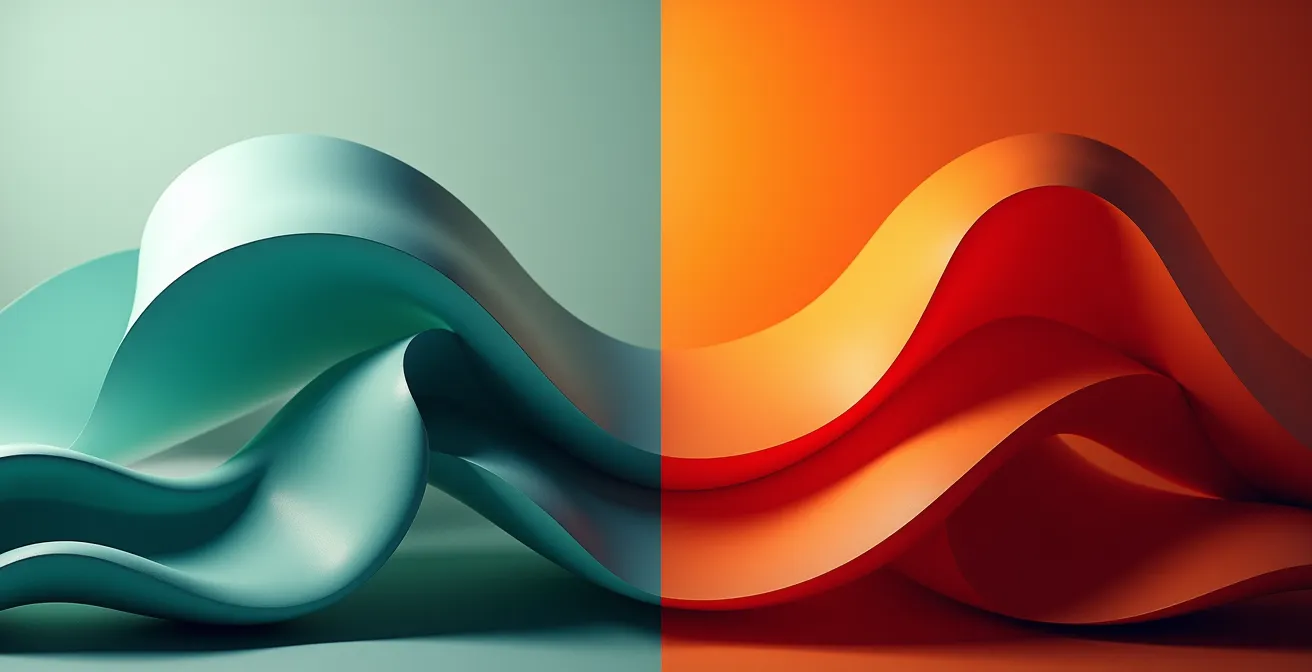 A split-screen visual comparison showing calm, flowing blue curves on one side and sharp, aggressive red angular lines on the other.