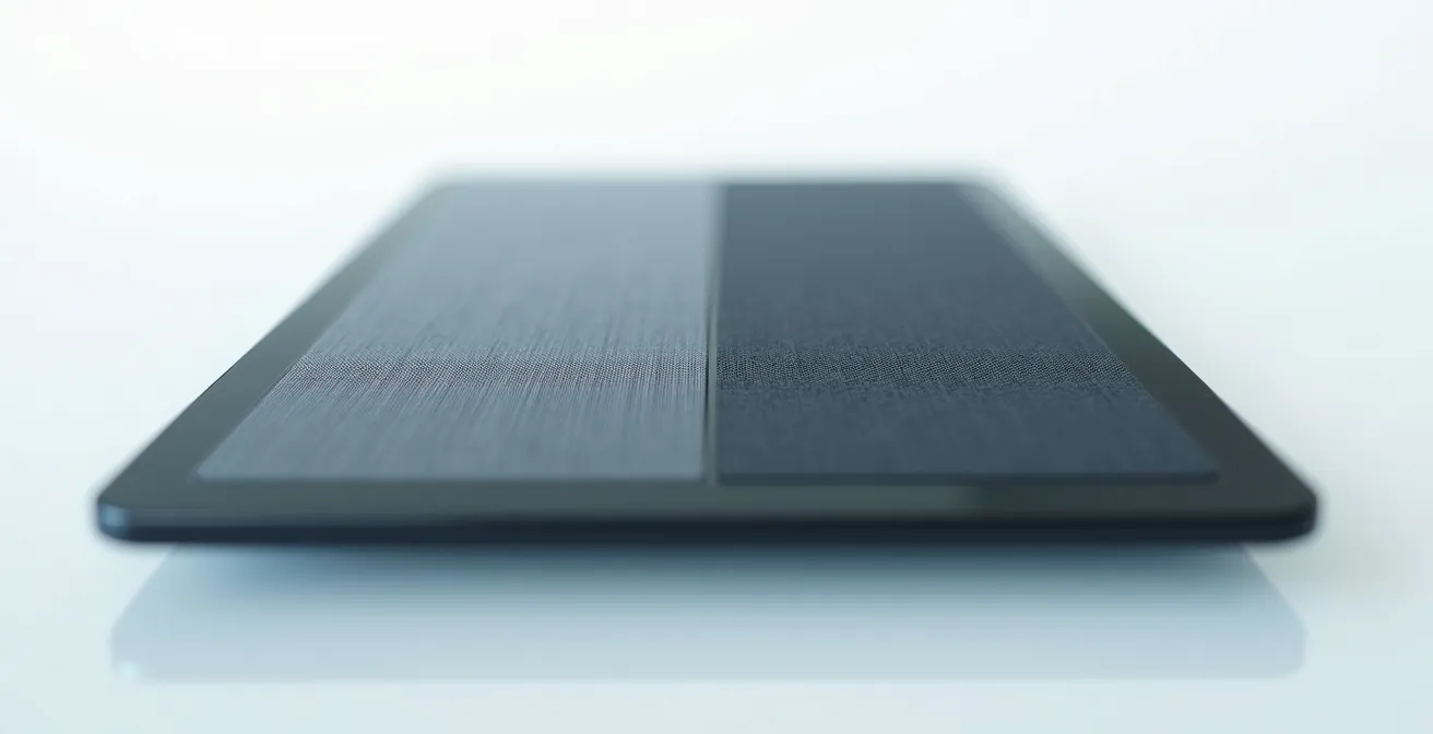 Macro view comparing smooth versus wavy diagonal lines on tablet surface