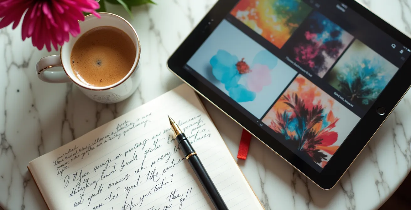 Overhead view of minimalist workspace showing art discovery morning routine
