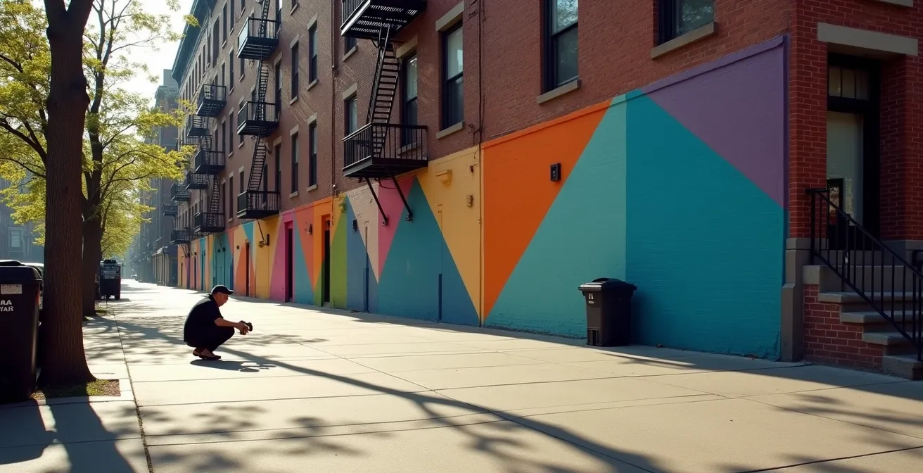 A photographer using a long lens to capture a mural from across the street, respecting pedestrian space.