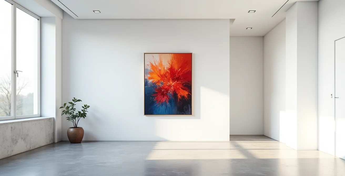 Wide shot of a stark white minimalist room with a single vibrant impasto painting creating dramatic visual tension