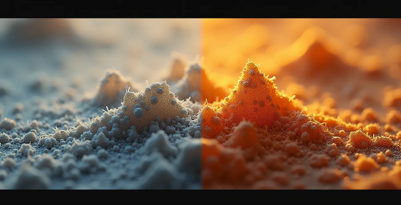 Extreme macro comparison showing organic film grain structure versus digital noise patterns