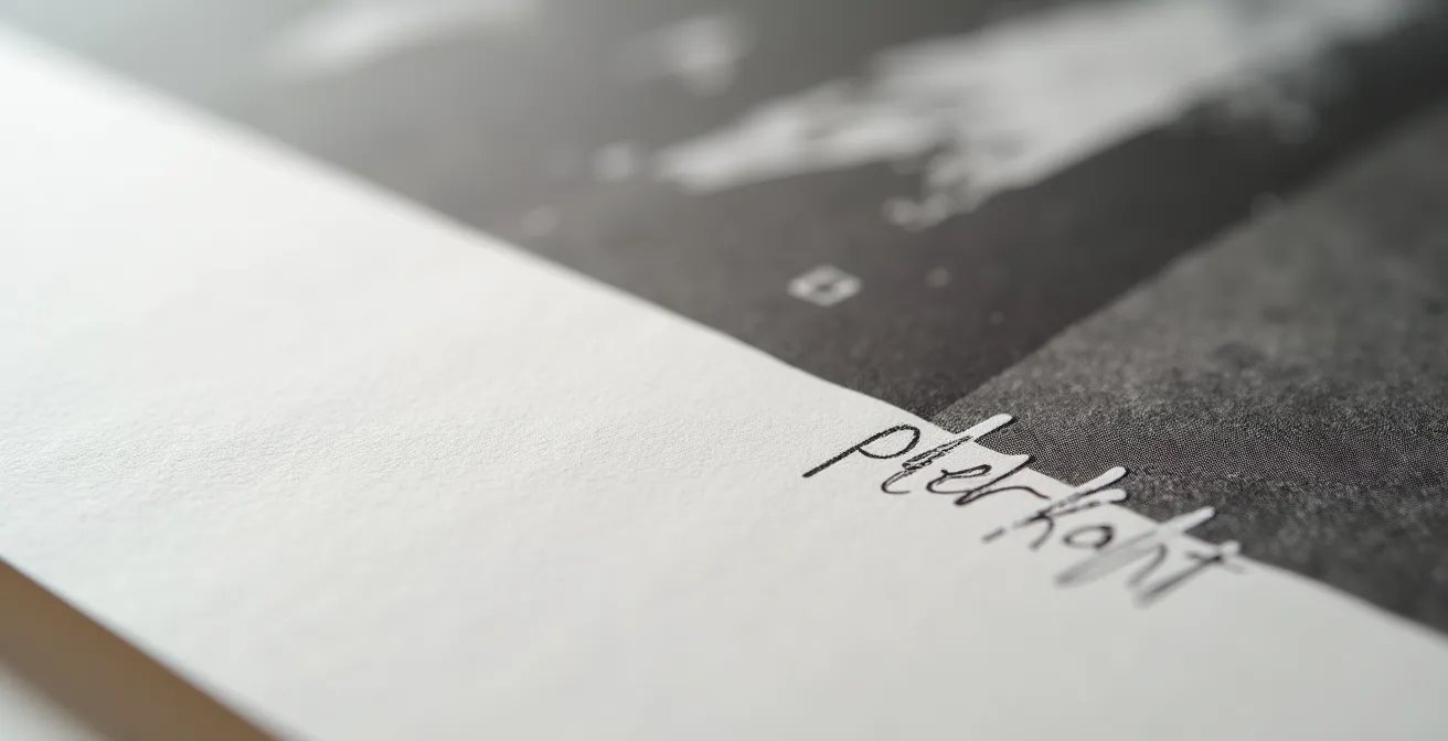 Macro shot of pencil signature on fine art print margin