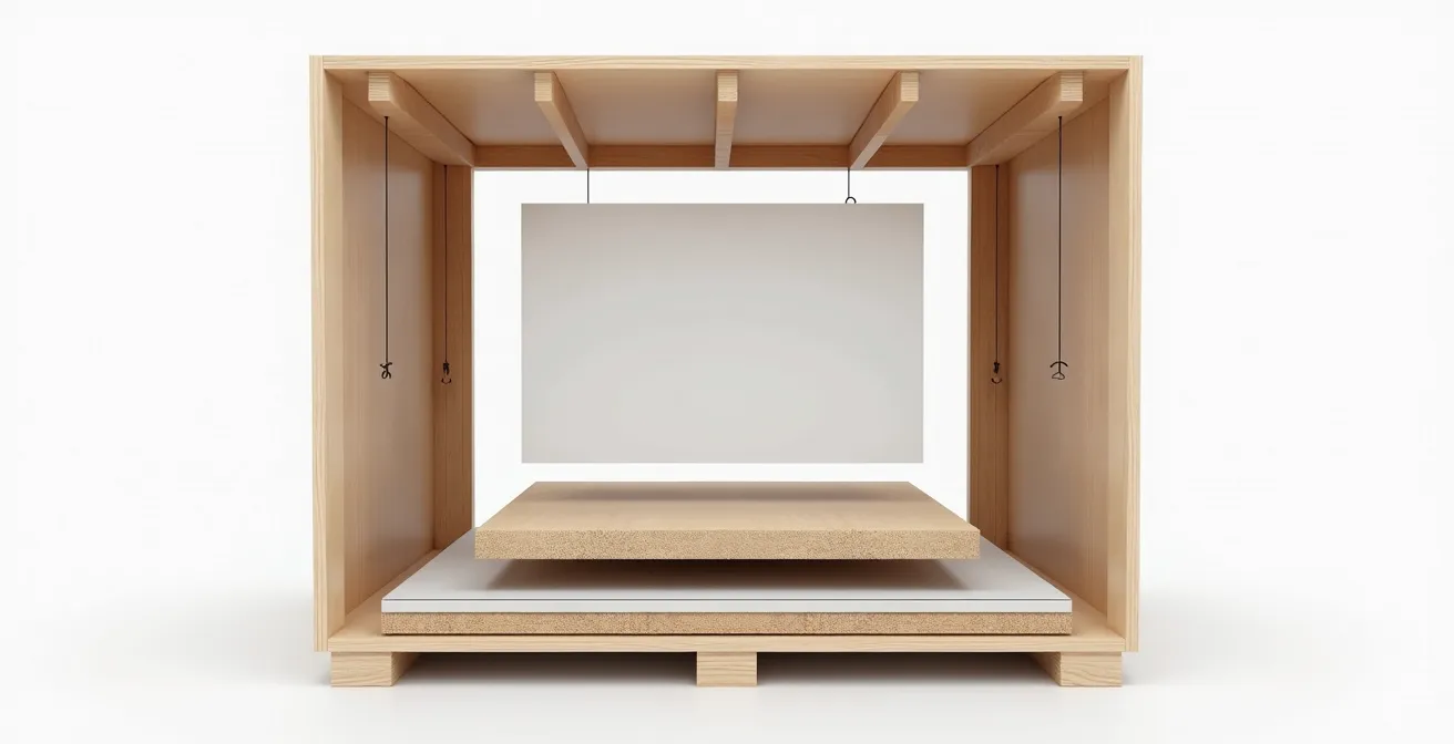 Technical cross-section view of custom crate showing suspended artwork