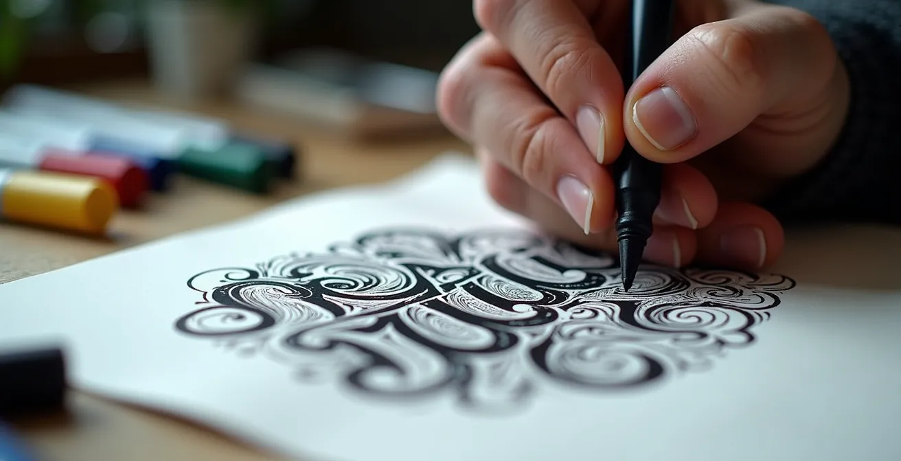 Close-up of hands sketching graffiti letters in a blackbook with markers