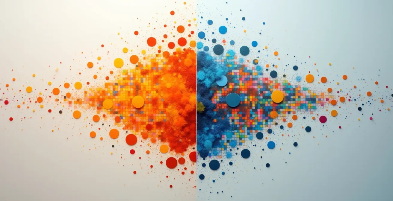 Split composition showing organic hand-painted dots on one side and perfect digital pixel grid on the other