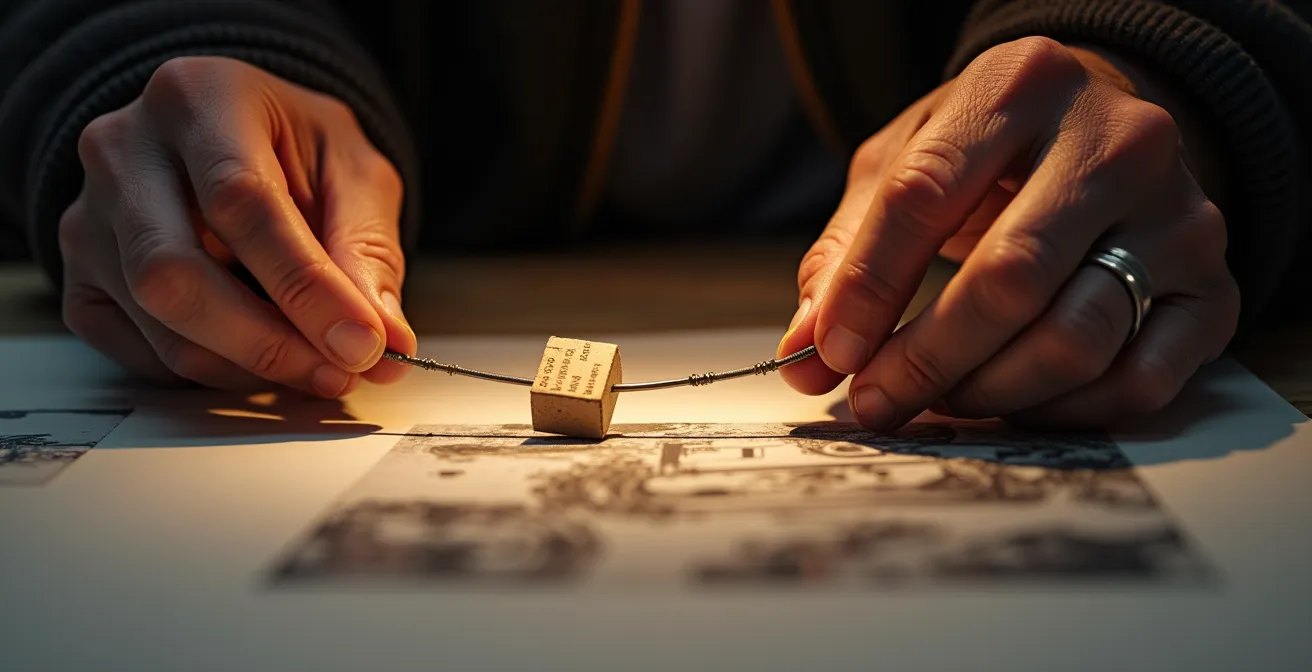 Photographer's hands creating dodge and burn tools moving above photographic paper under enlarger light