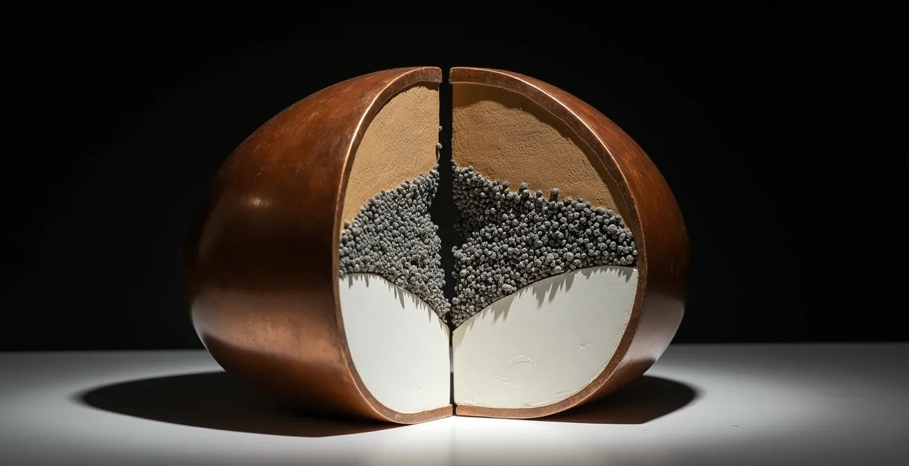 Cross-section view of hollow bronze sculpture showing internal filler materials