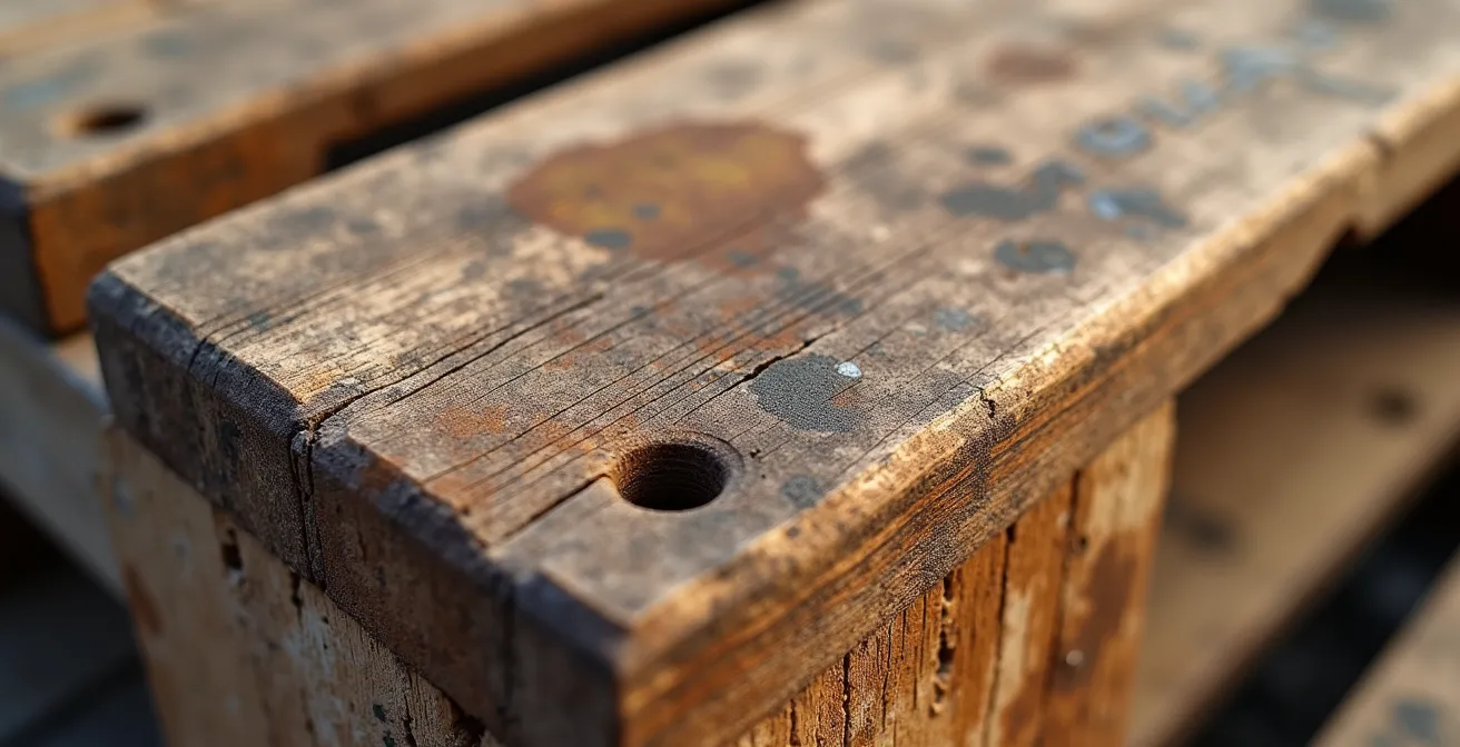Close-up macro shot of weathered pallet wood showing various safety stamps and contamination signs
