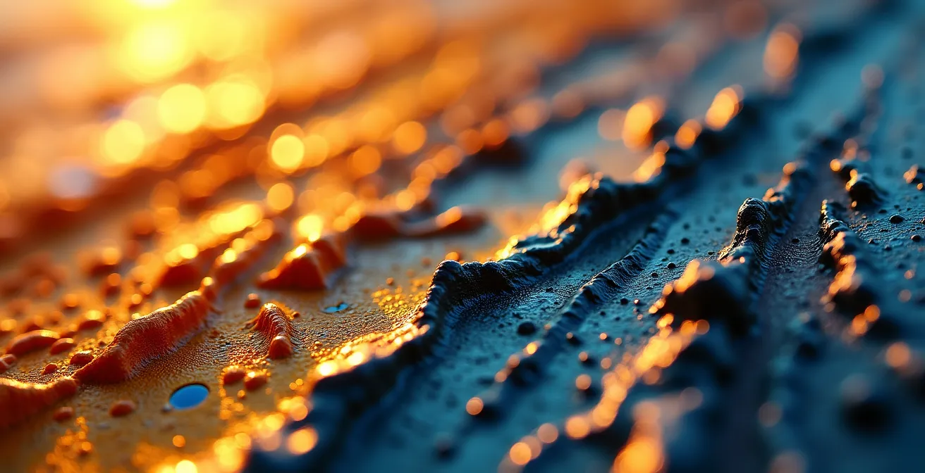 An extreme close-up of thick, white impasto paint, with side lighting creating deep shadows in the crevices and highlighting its sculptural quality.