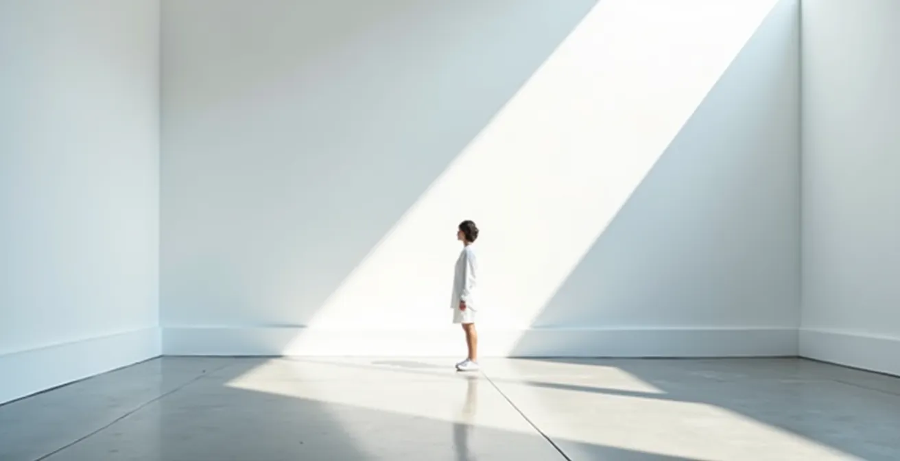 Figure standing in room with multiple contradictory shadows suggesting impossible light sources