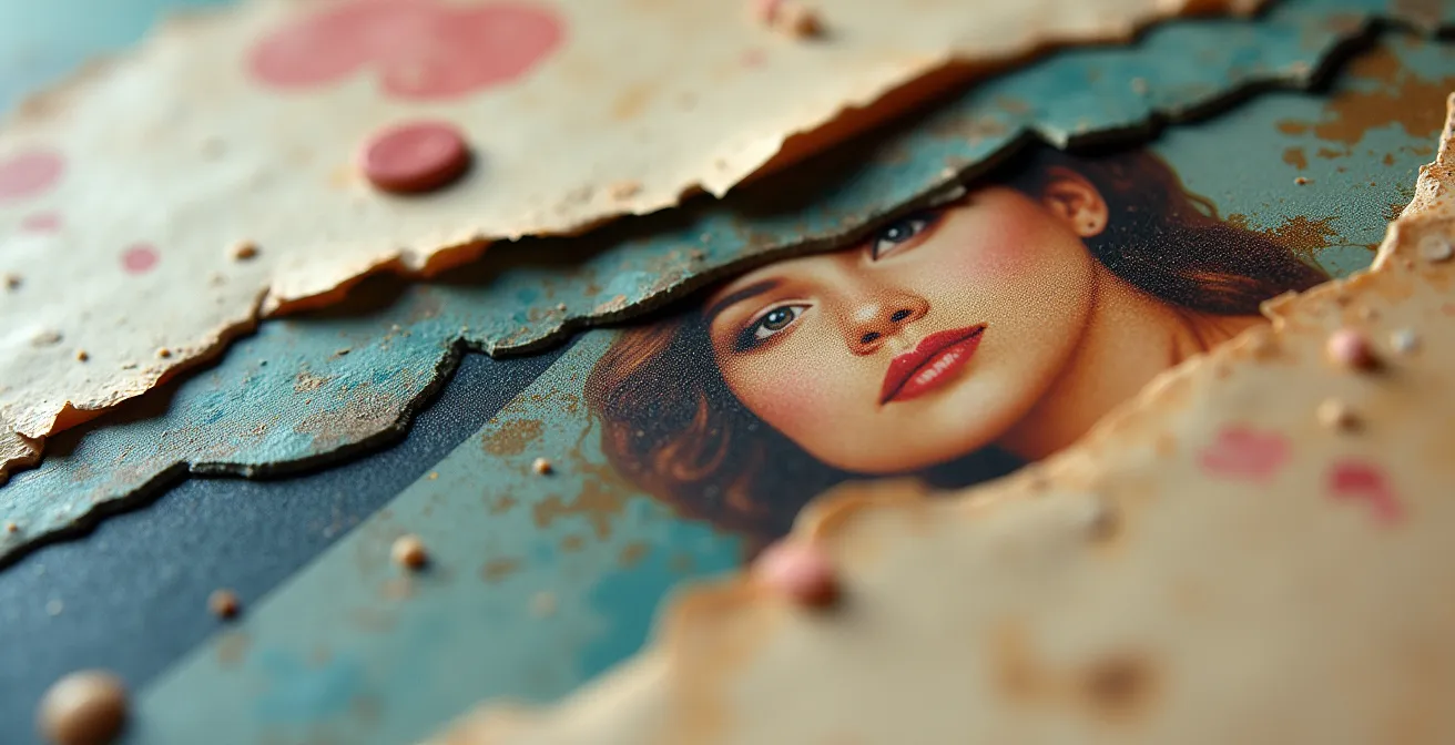 Extreme close-up of collage layers showing the texture of opaque gouache paint over a photographic element, illustrating artistic intervention.