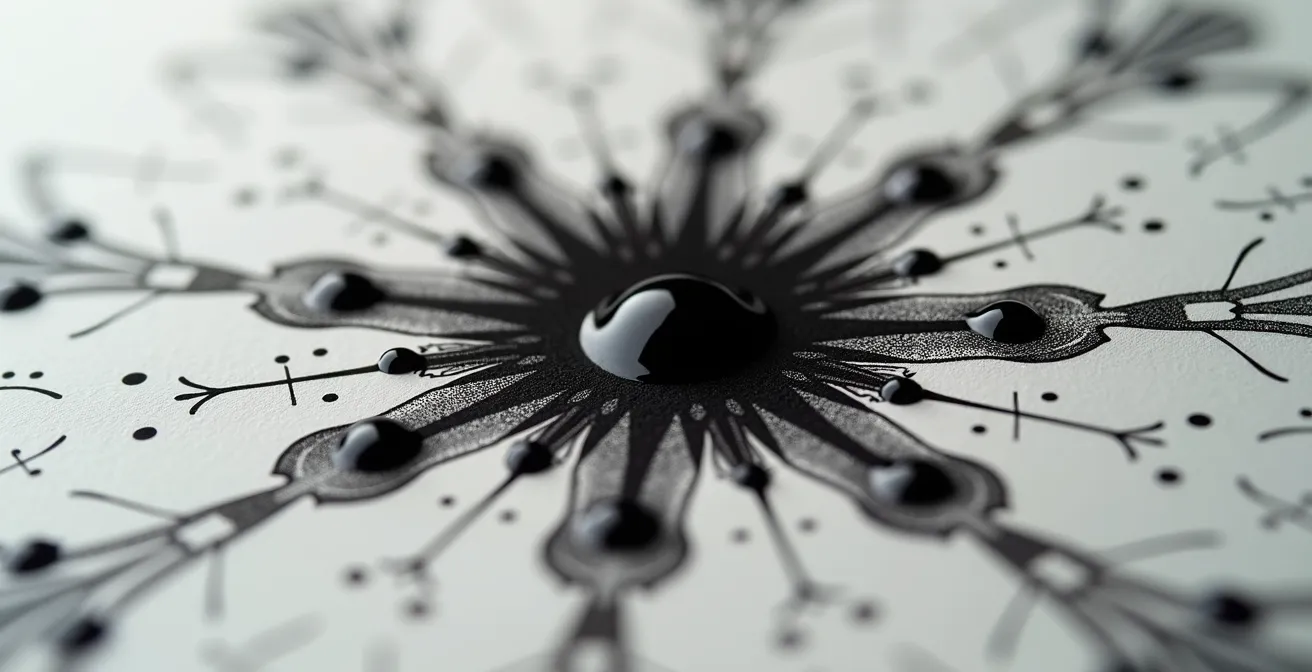 Extreme close-up of India ink spreading through paper fibers showing water tension effects