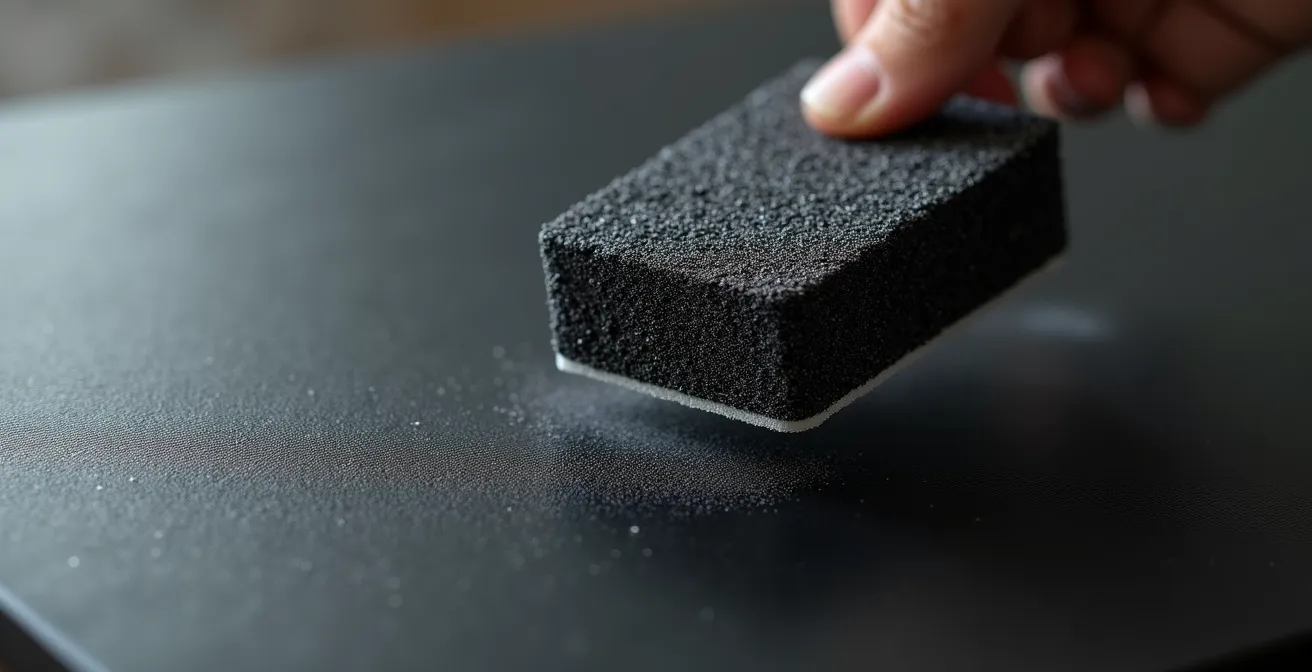 Extreme close-up of matte painting surface showing microscopic texture with cleaning tool demonstration