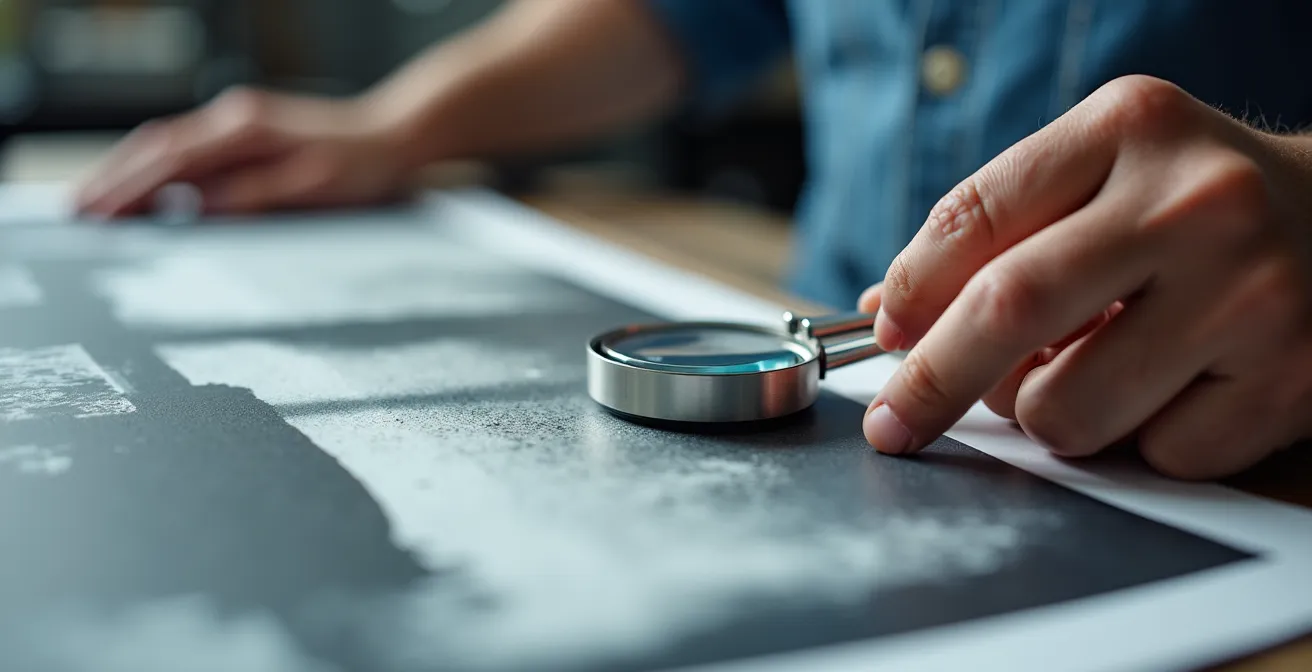 A master printer inspecting a large photographic print with a loupe in a professional printing studio