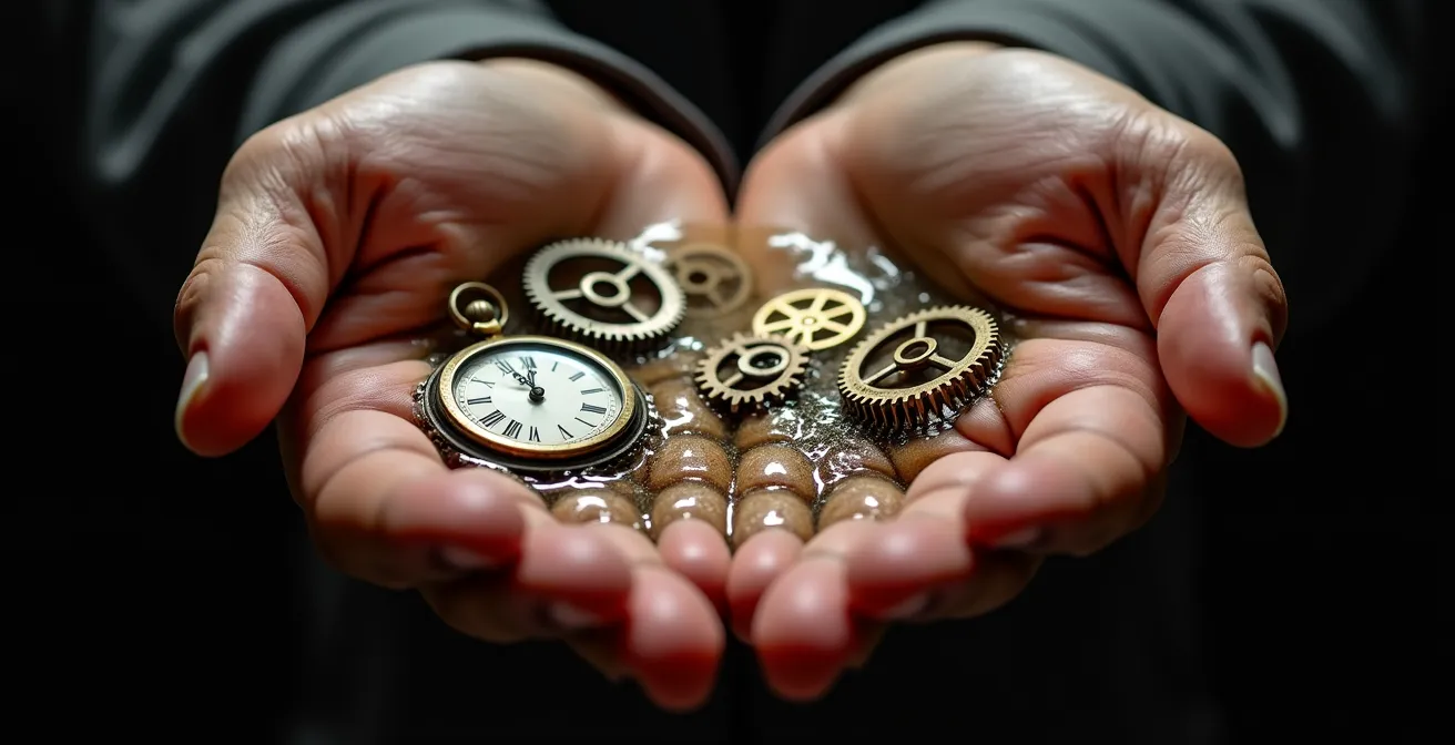 Human hands morphing into liquid clock faces suggesting time slipping through fingers