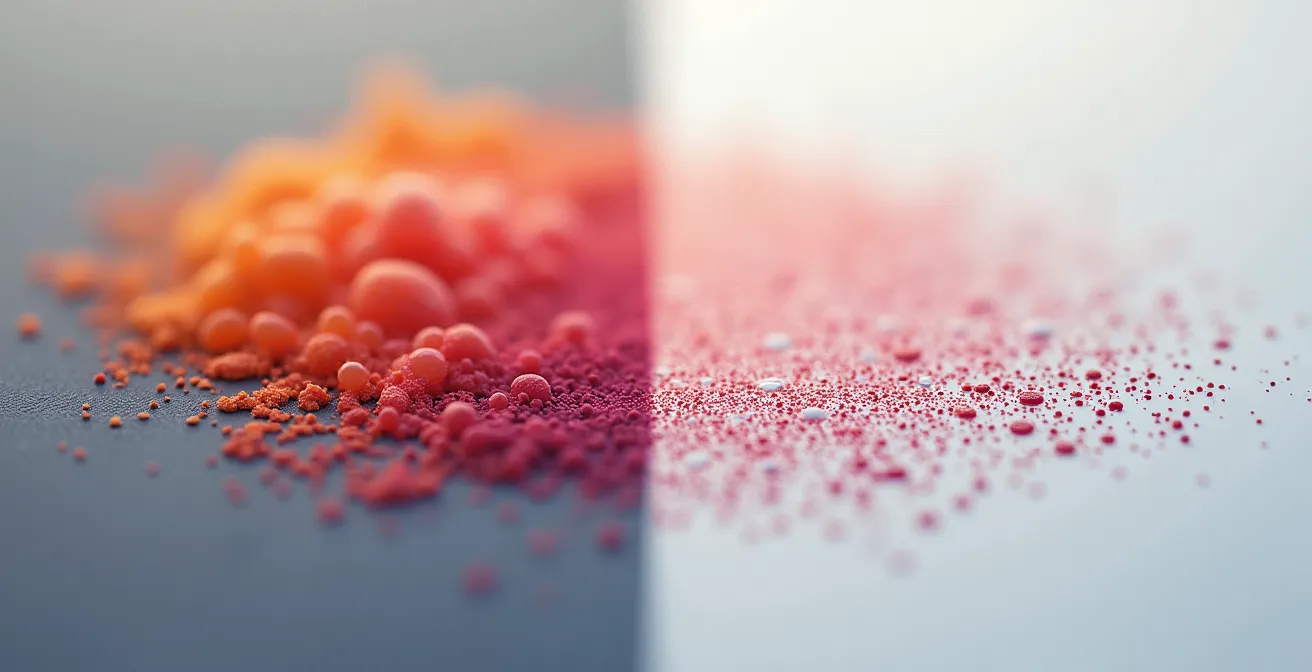 Split image showing continuous dye clouds on the left and discrete ink dots on the right under microscope