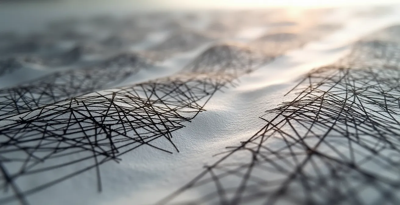 Extreme close-up showing how dense cross-hatching creates light-trapping valleys between ink lines