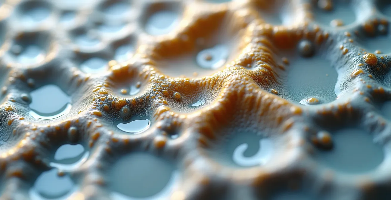 Extreme macro photograph showing chemical fusion between varnish and uncured oil paint