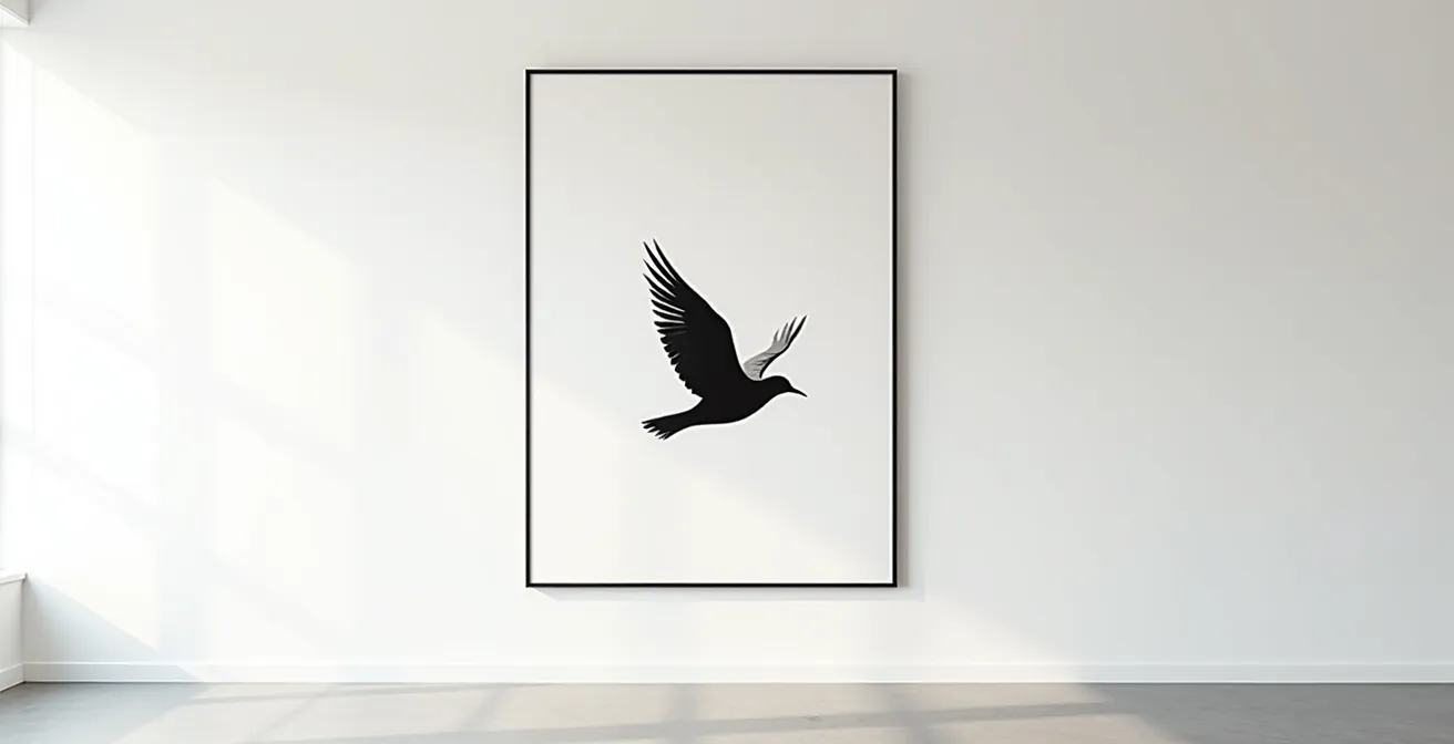 Wide view of minimalist India ink artwork emphasizing negative space and compositional balance