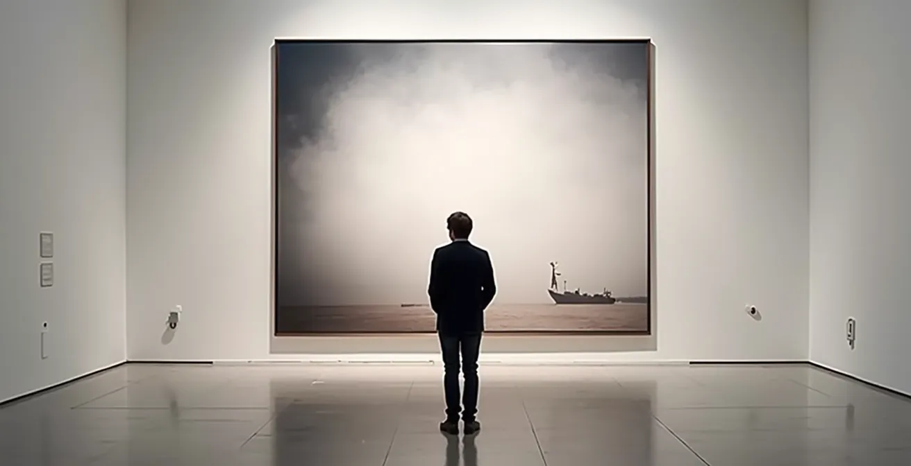 A solitary viewer standing before a massive photographic print in a modern museum space