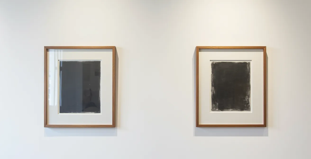 Side-by-side comparison of matte artwork behind standard glass versus museum glass showing reflection differences