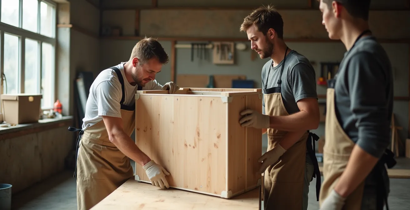 Wide shot of professional art handlers constructing custom wooden crate in specialized workshop