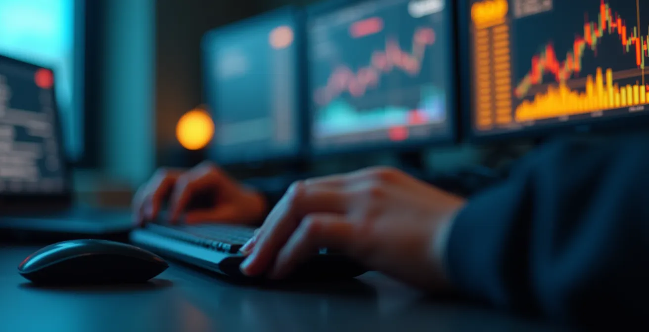 Minimalist desk setup with multiple monitors showing countdown timers and blockchain analytics