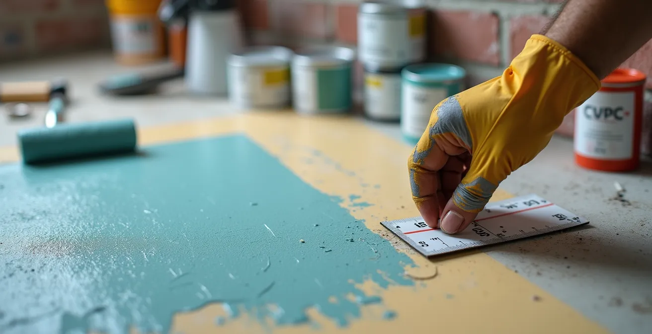 Close-up of artist measuring paint on test patch with various application tools displayed