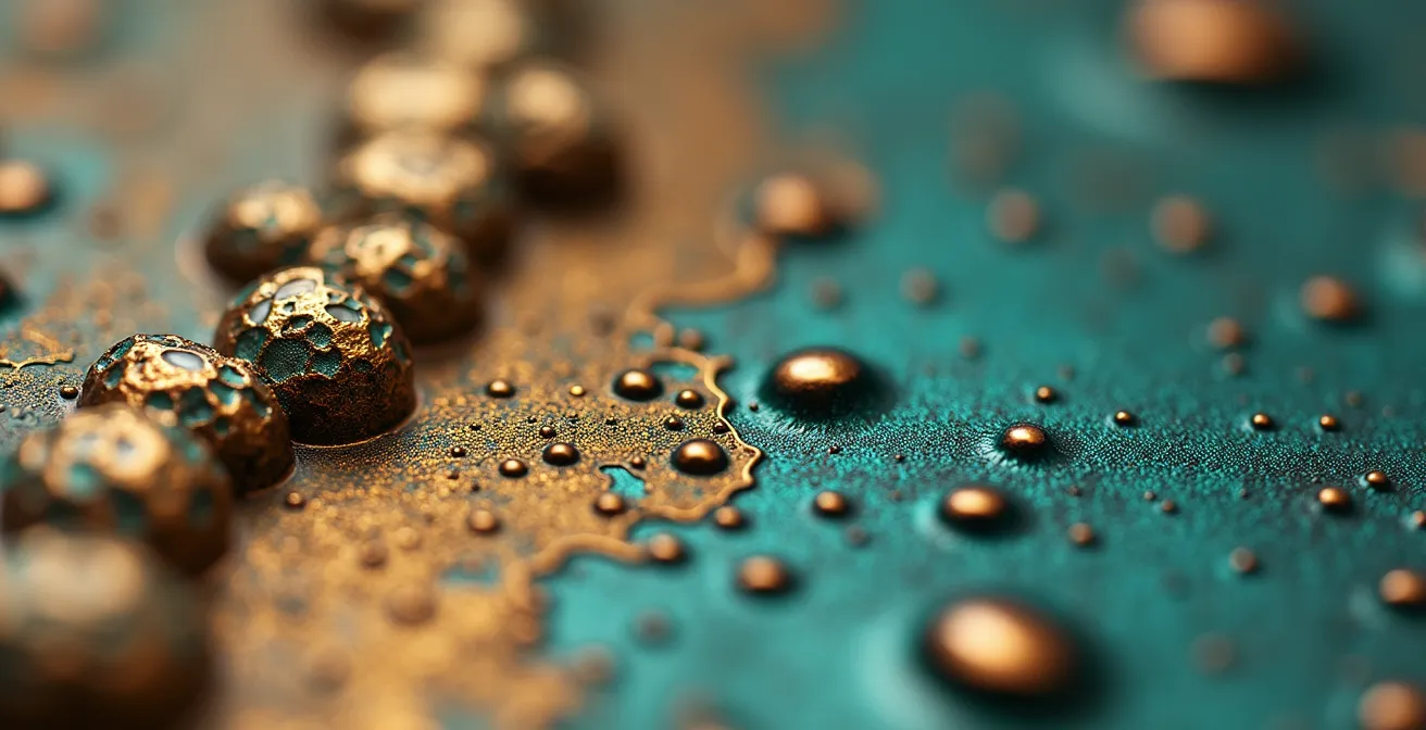 Extreme close-up of bronze patina chemical reaction showing color transformation