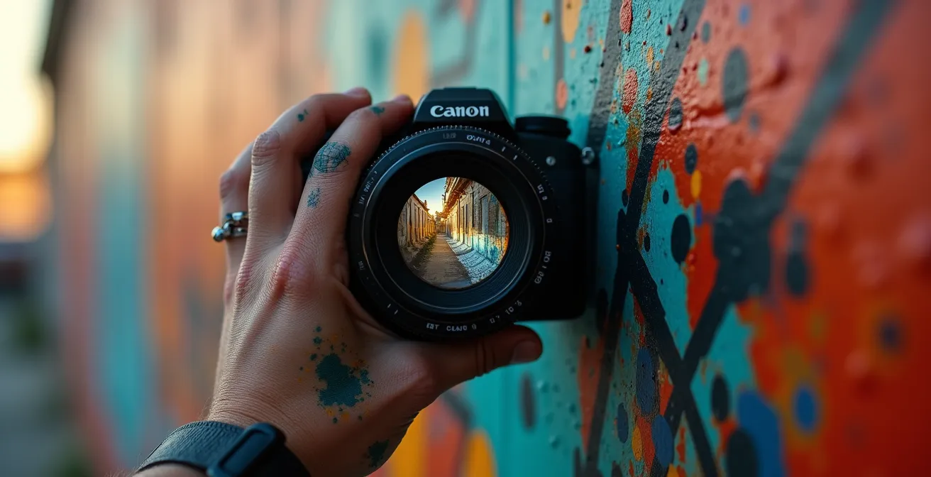Photographer crouching with camera capturing detailed texture of spray-painted wall at sunset